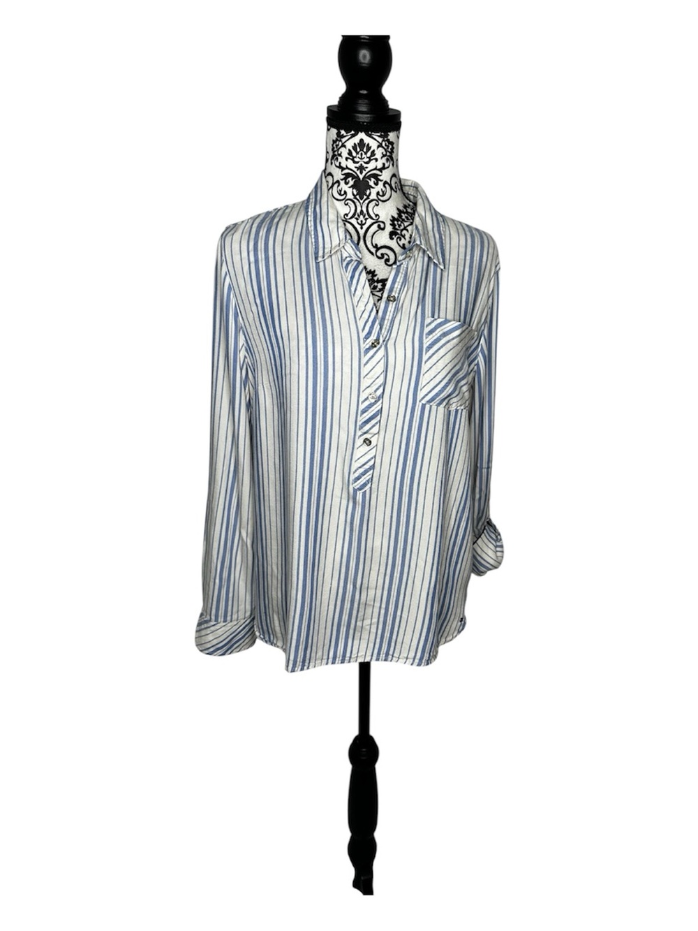 Tommy Hilfiger Striped Blue & Cream Popover Blouse Size Large